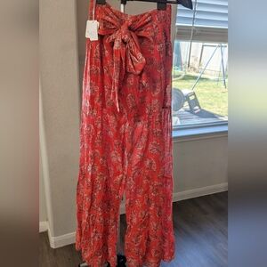 Free People Red Paisley Wide Leg Pants NWT XS Boho Tie Waist